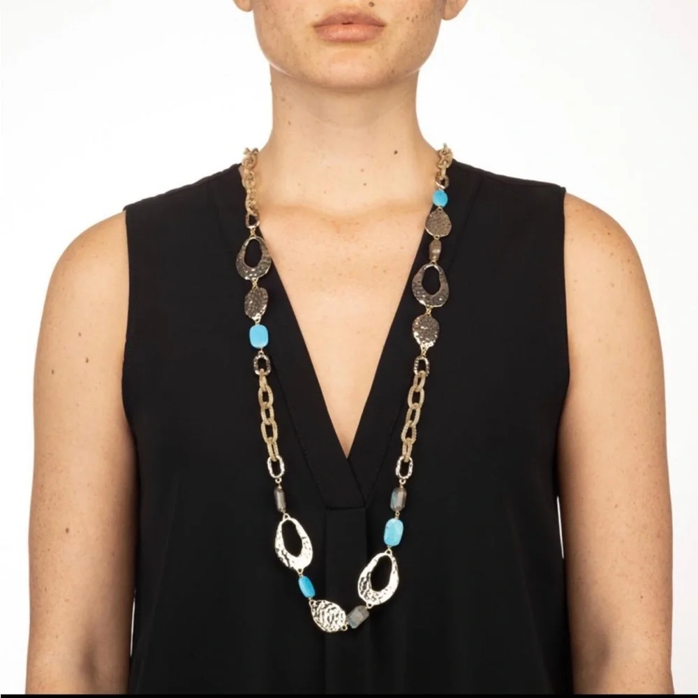 ALEXIS BITTAR • NEW Long Hammered Gemstone Mesh Custom Textured Link Necklace